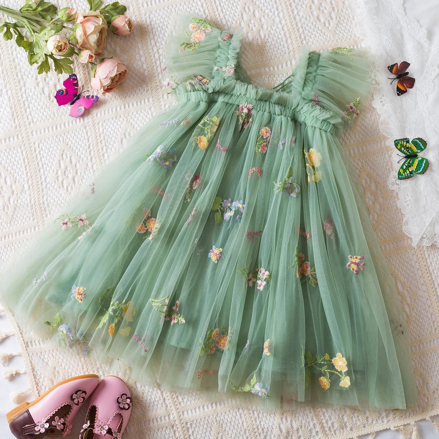 Toddler Baby Girls Summer Dress Puffy Mesh Tutu Princess Floral Embroidery Suspender Dress Baby Girls Birthday Party Clothes