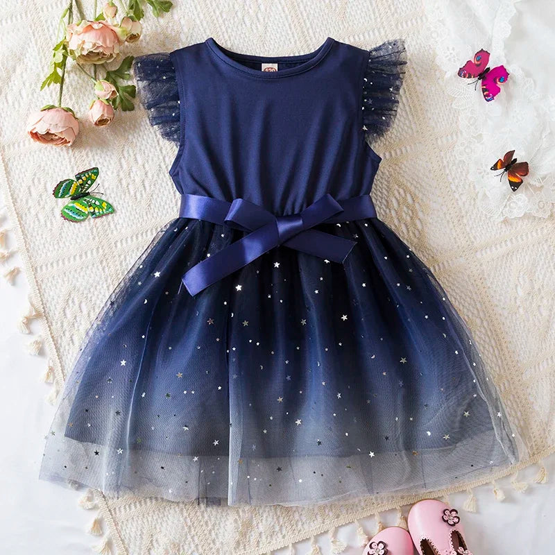 Vestido para niña pequeña, nuevo vestido de verano para niño pequeño, vestidos con tutú de malla para bebé, vestido de fiesta de cumpleaños con lazo de lentejuelas, ropa para niña pequeña
