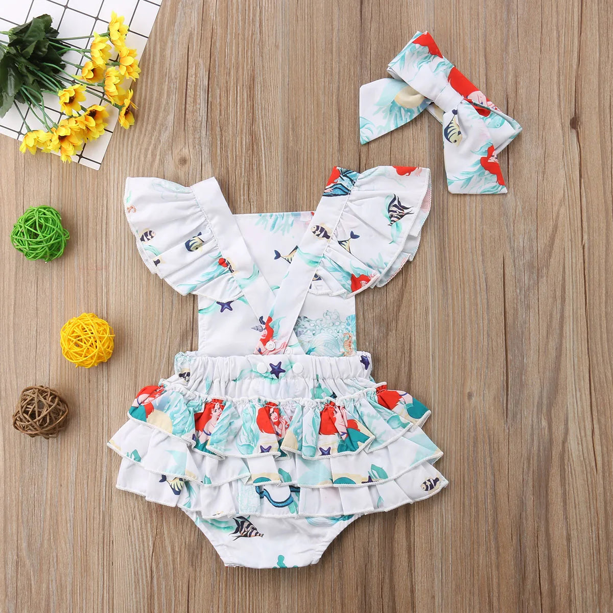 Pelele de verano para niñas recién nacidas con diadema, mono con estampado de sirena y manga con volantes y espalda descubierta, ropa de moda para bebés