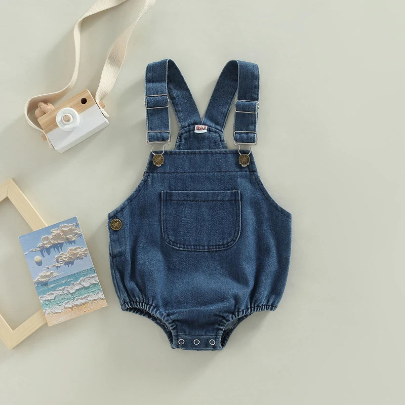 Ropa de verano para bebés, pelele vaquero para bebés, mono sin mangas con cierre de botón sólido, mono general