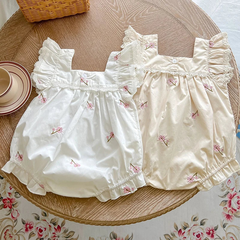 Mono para niñas recién nacidas, monos con bordado de flores de algodón y manga voladora, ropa para niñas pequeñas para verano