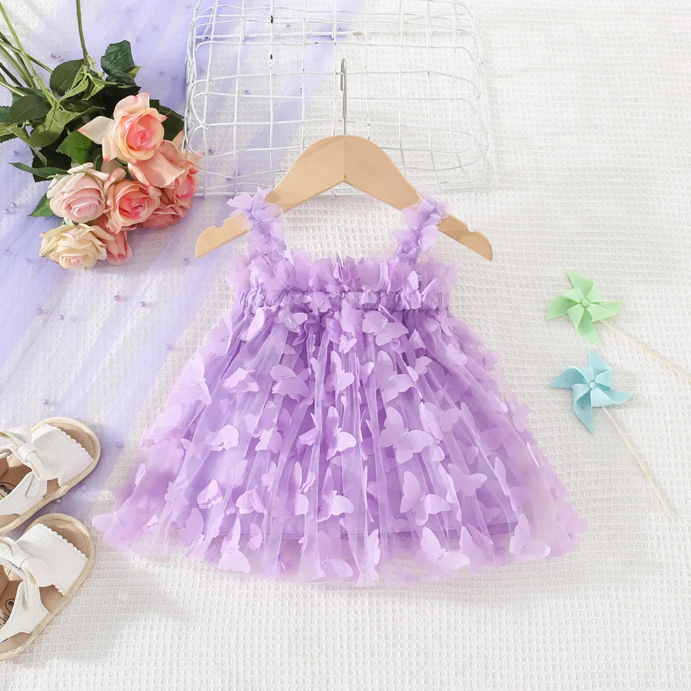 (0-3 años) novedad de verano, vestido para niñas, Color sólido, Halter, mariposa adornada, falda acampanada, vestido de princesa dulce de malla