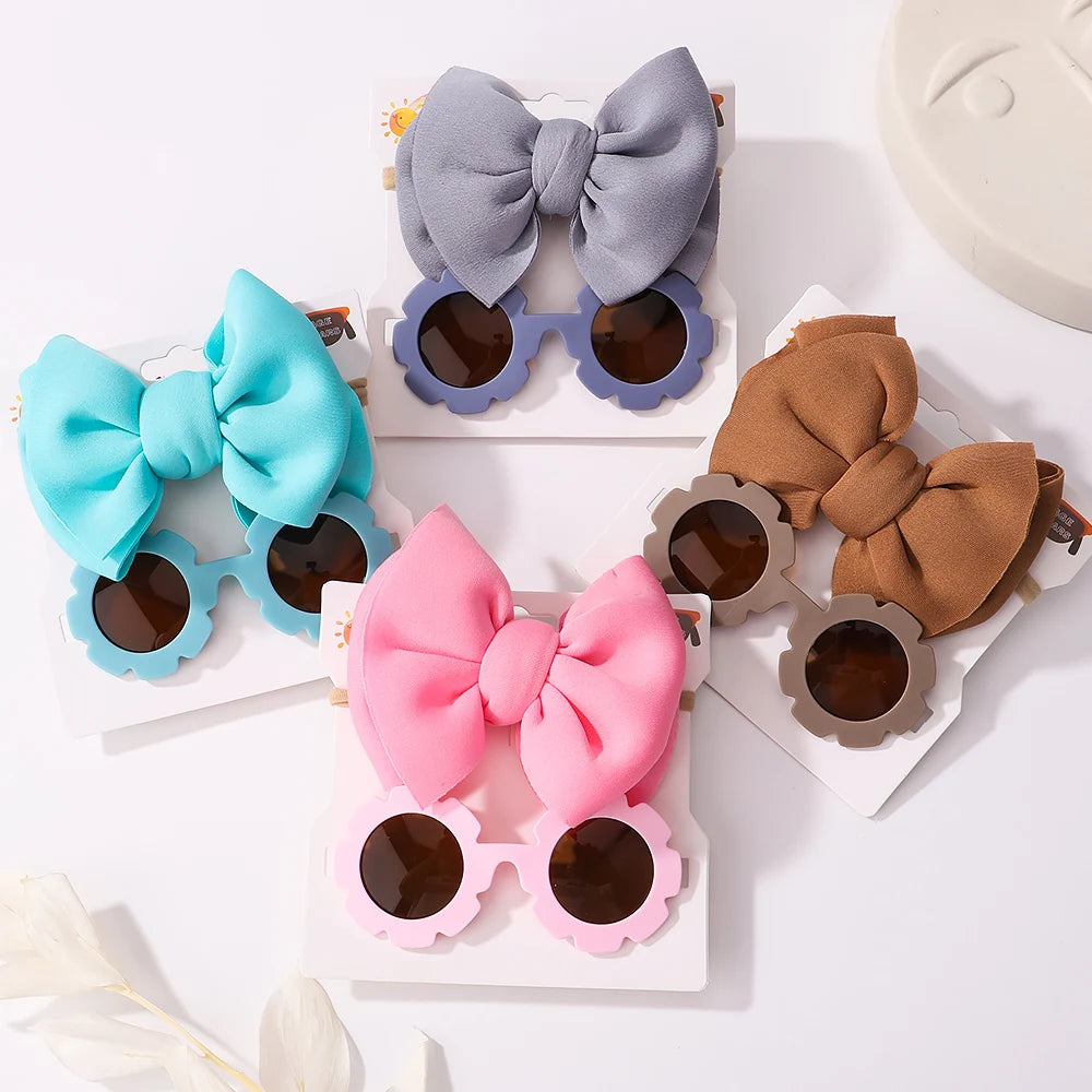 Conjunto de 2 uds de gafas de sol para niños, gafas de sol para bebés, diadema de nailon elástico, gafas de sol bohemias para playa, gafas de sol para la playa, sombreros con lazo para niños