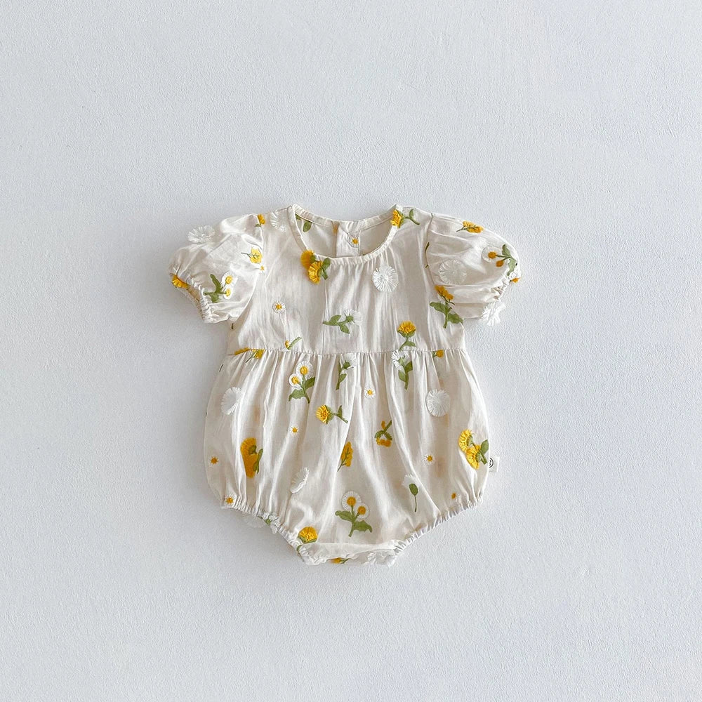 Pastoral niñas bebé bordado Floral mameluco de manga corta girasol mono infantil niño recién nacido ropa de bebé de una pieza
