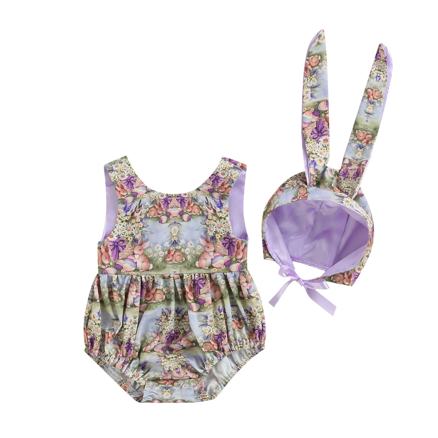 Traje de dos piezas para bebé y niña, pelele sin mangas con cuello redondo y espalda descubierta y gorro de corbata, estampado de conejo de Pascua