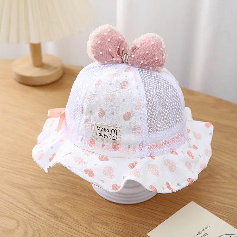 Sombrero de cubo para bebé al aire libre de verano, sombreros de sol de pescador con lazo de flores bordado para niñas pequeñas, gorra de playa transpirable de princesa
