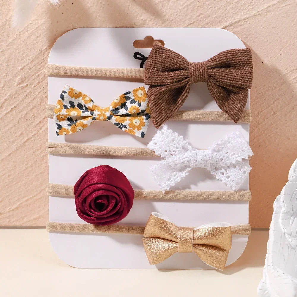 5 unids/lote, diadema elástica de nailon para bebé, banda para la cabeza con lazo de encaje y flores para recién nacido, accesorios suaves para el cabello para niña pequeña