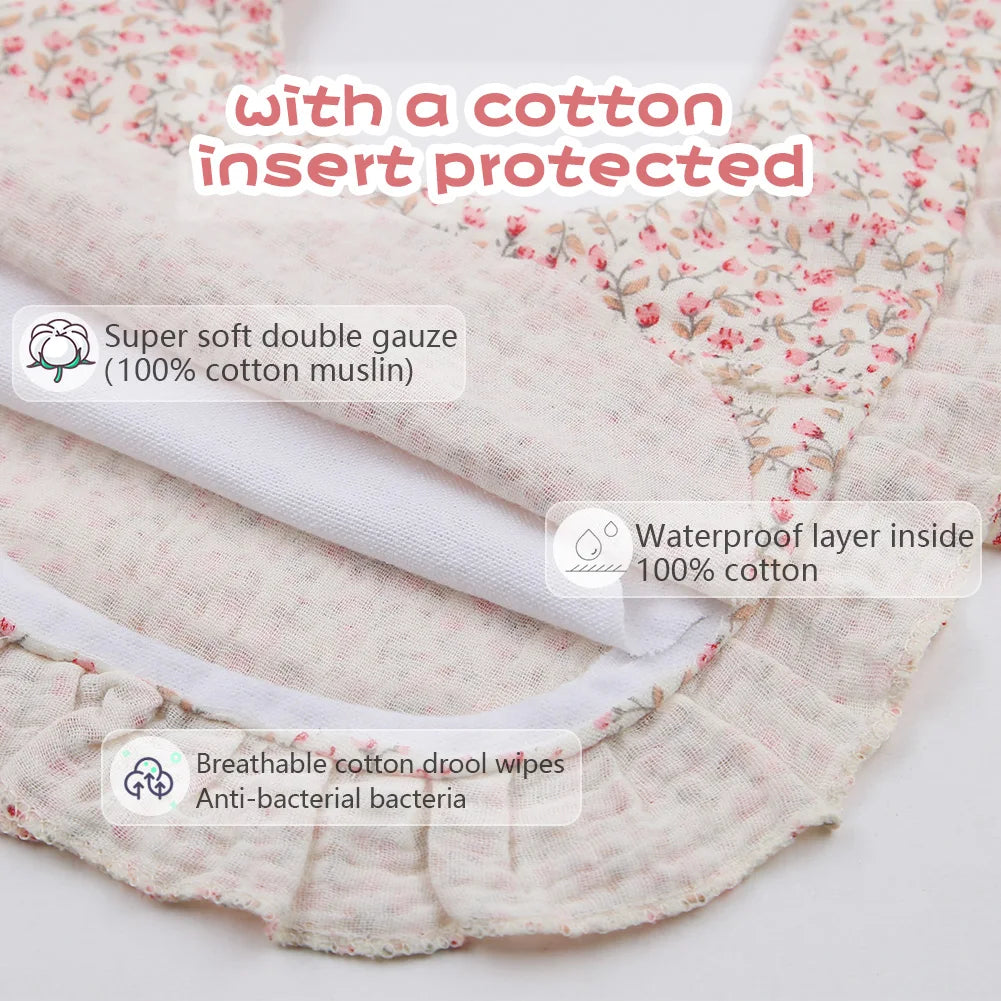 Baberos con estampado de flores para bebé, toalla de Saliva con broche ajustable, borde con volantes, paños para eructar de algodón y muselina, bufanda de alimentación para niñas de grado A de arcoíris