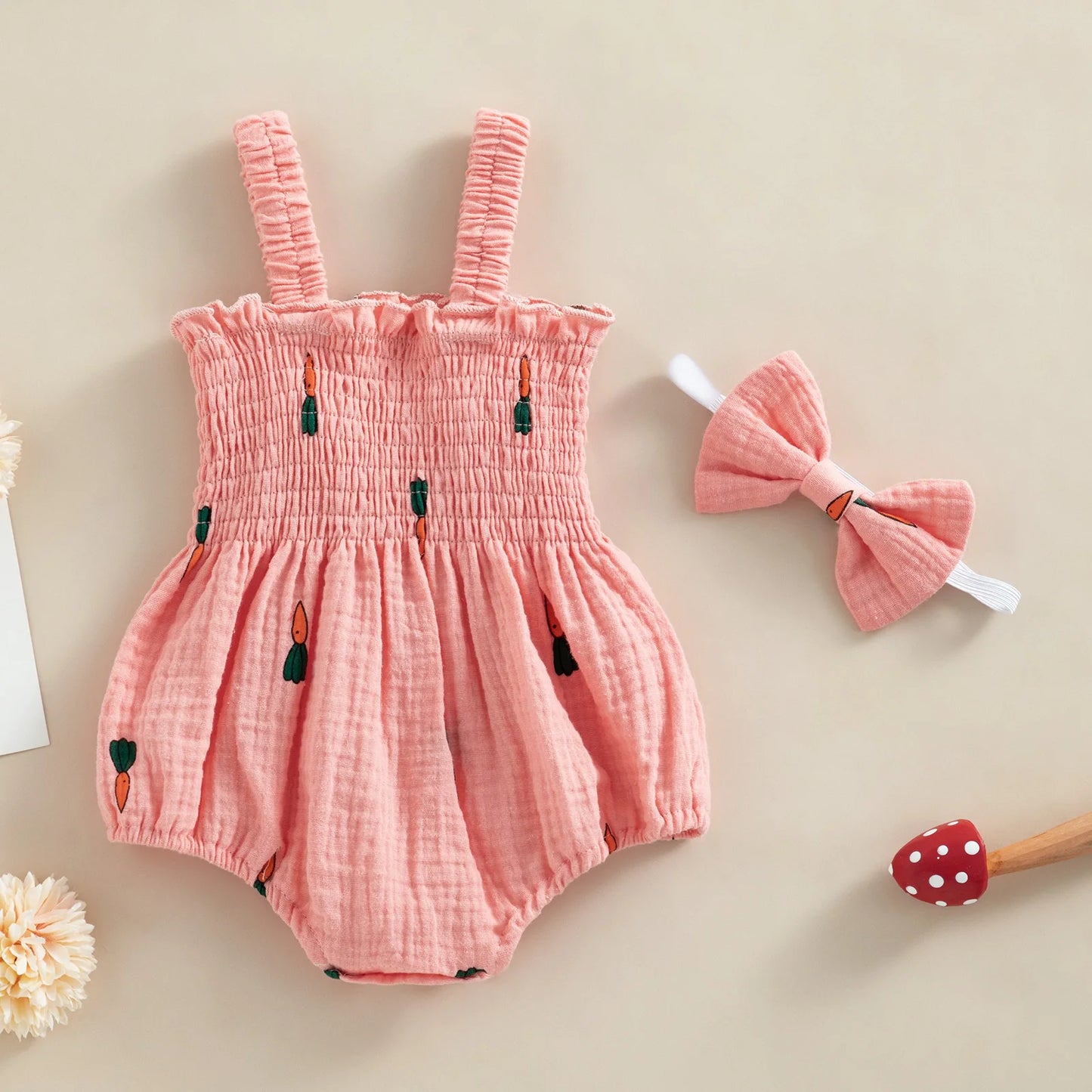 Pudcoco, 2 uds., trajes de verano para bebé recién nacido, pelele sin mangas con estampado de cereza/ zanahoria/árbol y diadema de 0 a 18M