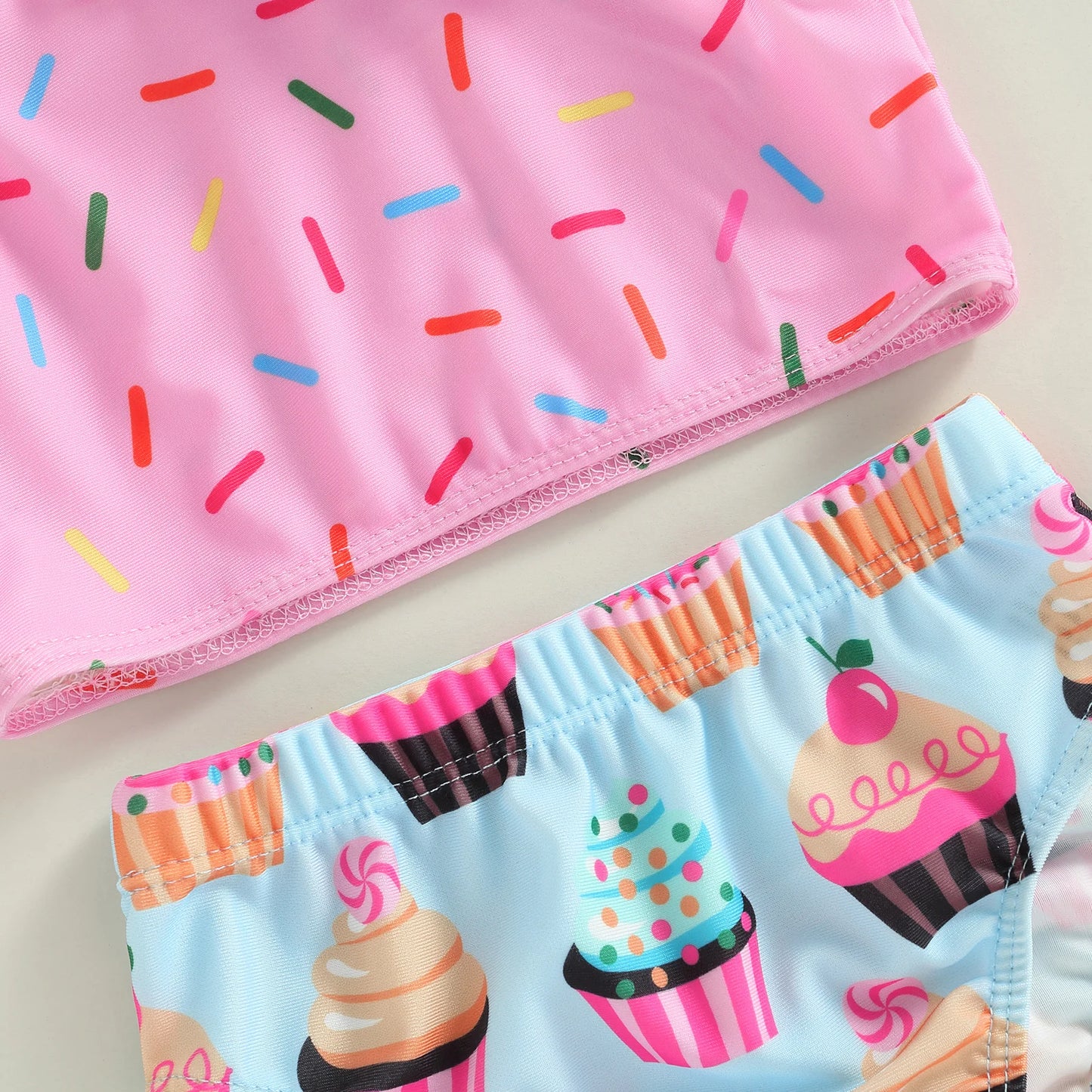 Citgeett Traje de baño de verano para niñas, sin mangas, con estampado de pastel, ropa de playa + pantalones cortos, conjunto de ropa