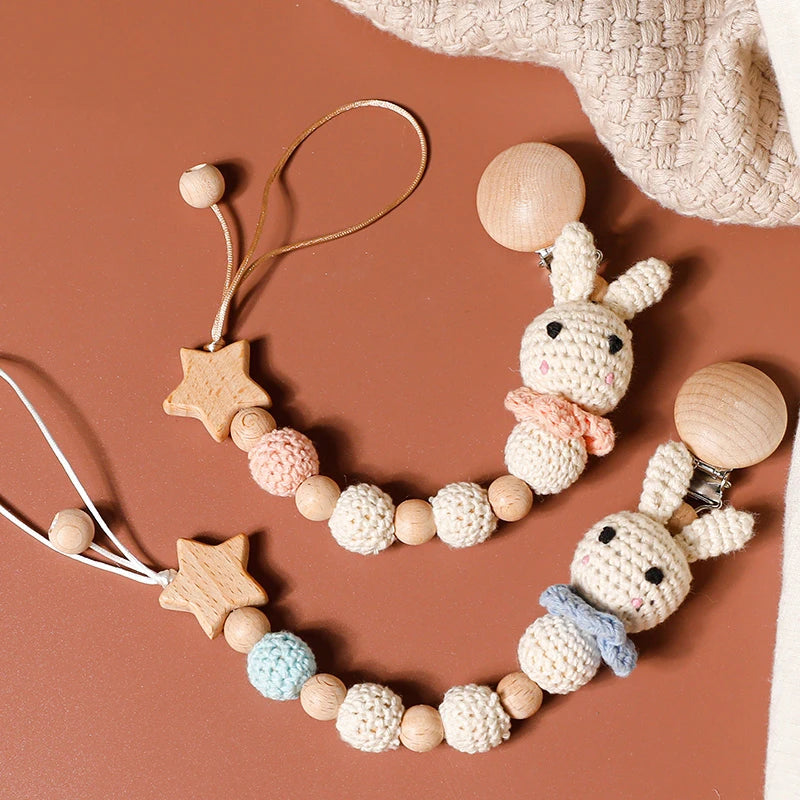 Cadena de chupete Let's Make, 1 unidad, cadenas de mordedor para bebé, cuentas de conejo y Panda de ganchillo, Clips de madera, mordedor, varilla pequeña, Clips para chupetes para niños