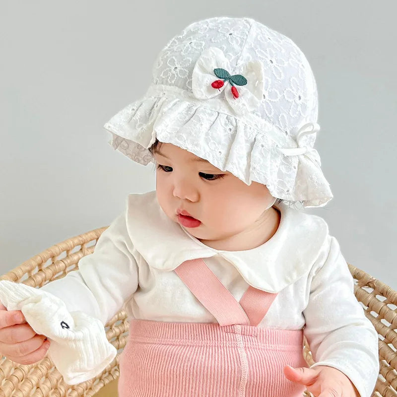 Sombrero de cubo para bebé al aire libre de verano, sombreros de sol de pescador con lazo de flores bordado para niñas pequeñas, gorra de playa transpirable de princesa