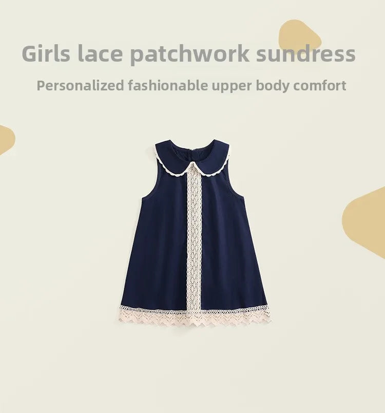 Vestido de retazos de encaje para niños verano 2025 nueva falda de chaleco sin mangas de encaje de estilo Retro para niñas