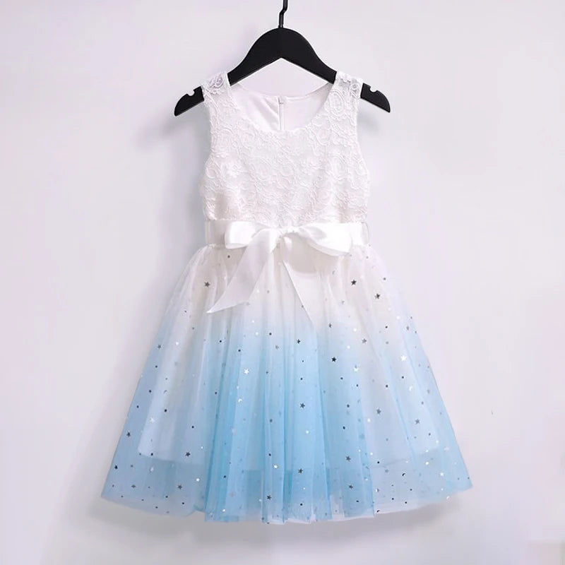 White Lace Summer Dress for Girls Short Sleeve Kids Birthday Princess Costume Tutu Wedding Flower Girls Dresses for 2-8 Yrs Girl