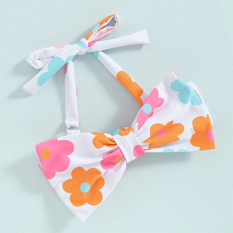 Conjunto de Bikini para niña pequeña, traje de baño de 2 piezas con cuello Halter, Bikini Floral sin mangas, Top anudado, pantalones cortos con estampado de flores a cuadros, 1-6T