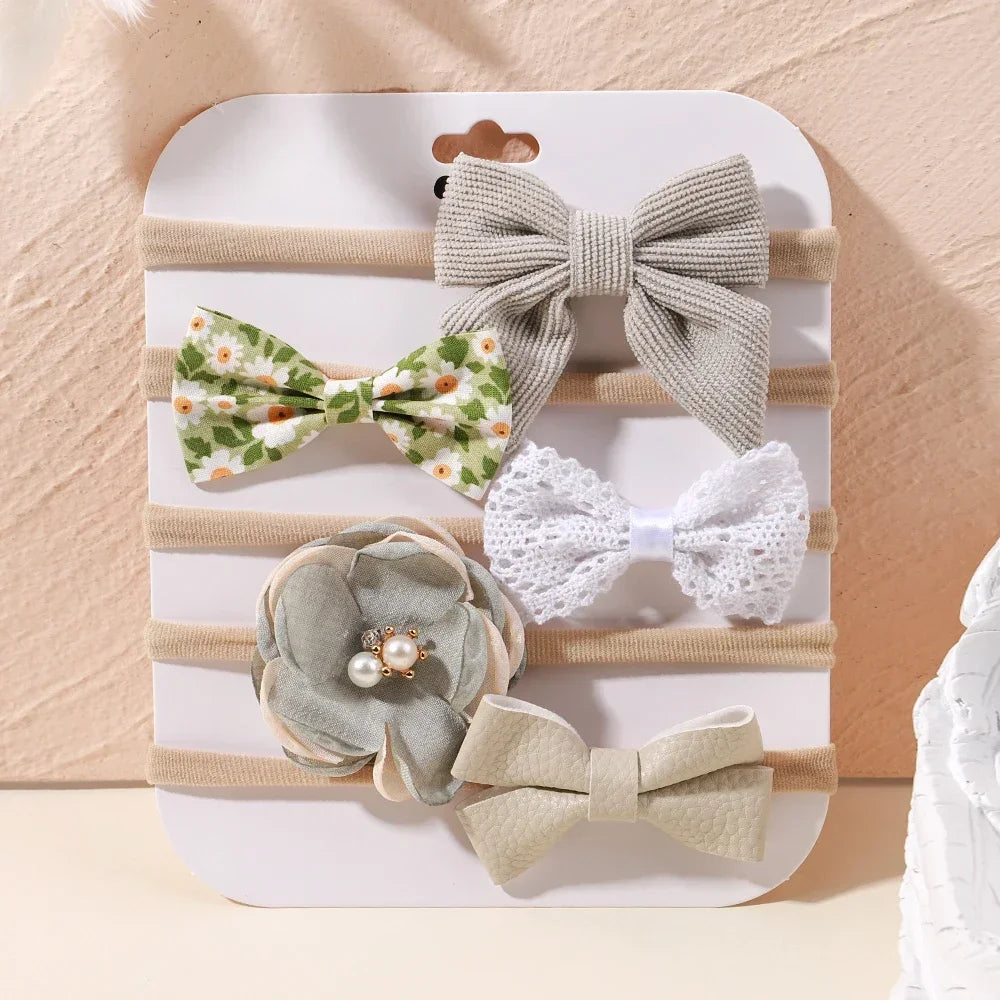 5 unids/lote, diadema elástica de nailon para bebé, banda para la cabeza con lazo de encaje y flores para recién nacido, accesorios suaves para el cabello para niña pequeña