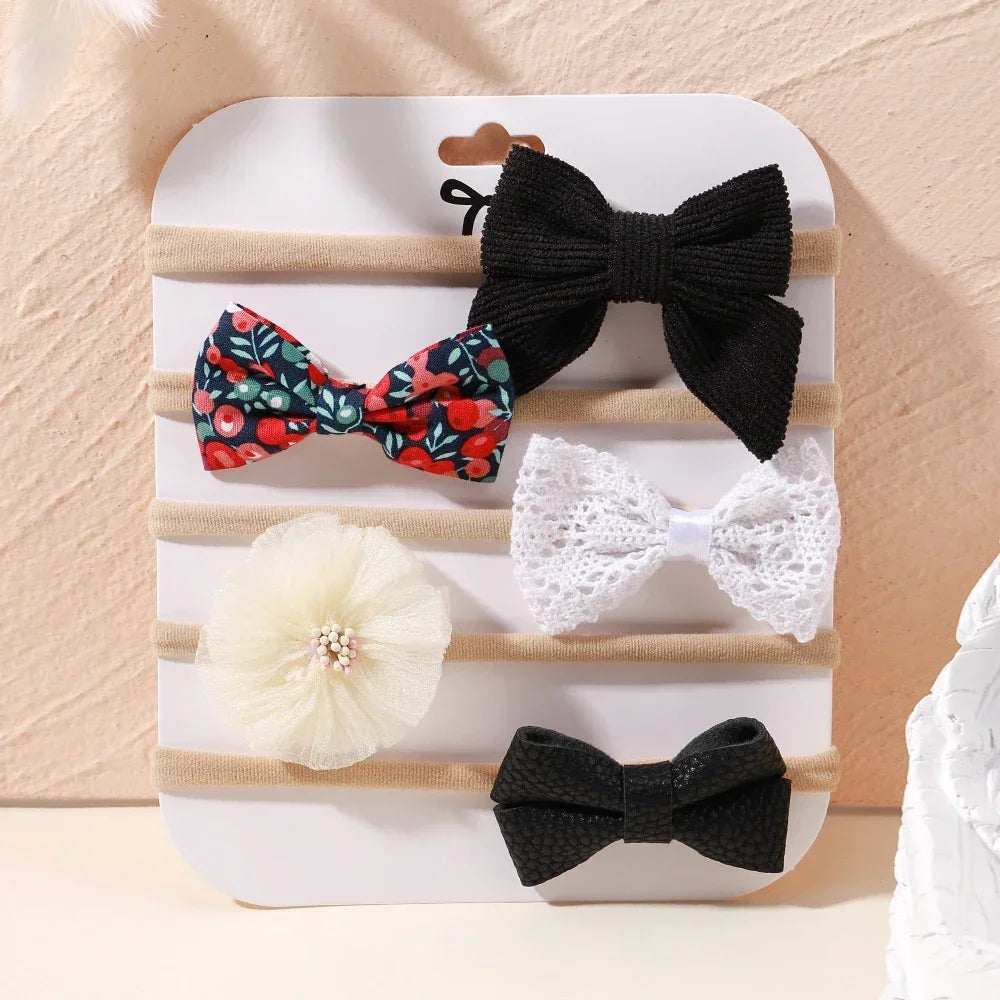 5 unids/lote, diadema elástica de nailon para bebé, banda para la cabeza con lazo de encaje y flores para recién nacido, accesorios suaves para el cabello para niña pequeña
