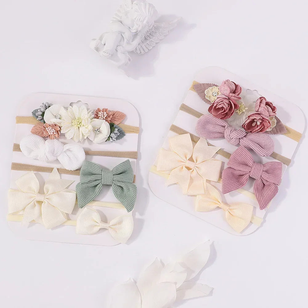 5 unids/lote, diadema elástica de nailon para bebé, banda para la cabeza con lazo de encaje y flores para recién nacido, accesorios suaves para el cabello para niña pequeña