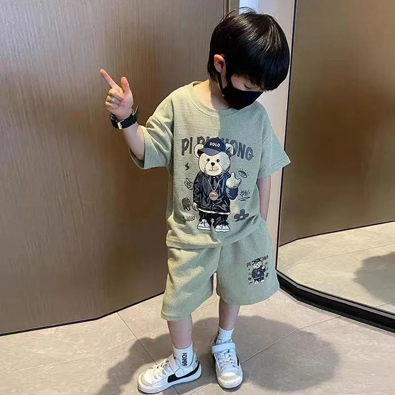 Camiseta y pantalones cortos de estilo coreano para niños de 1 a 12 años, conjuntos de ropa de 2 piezas, traje deportivo informal de verano con Oso de dibujos animados, a la moda
