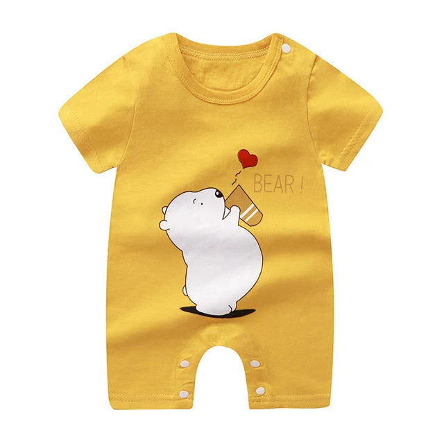 Nueva ropa de verano para bebés recién nacidos, niños y niñas, sección de impresión de dibujos animados de manga corta, ropa de escalada con archivo abierto, mono para bebé