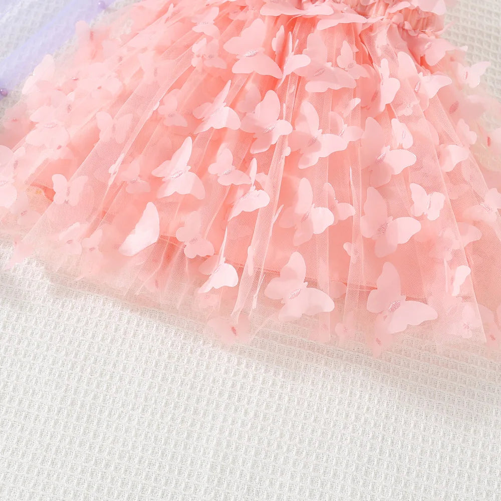 (0-3 años) novedad de verano, vestido para niñas, Color sólido, Halter, mariposa adornada, falda acampanada, vestido de princesa dulce de malla