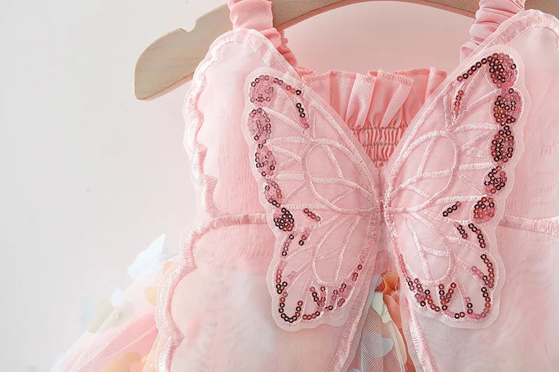 Nuevos vestidos de noche para fiesta de cumpleaños para niñas, ropa de verano con alas de mariposa para niños, disfraz colorido dulce para niños pequeños