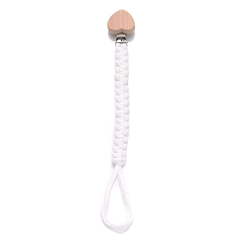 Cadena de chupete de bebé de tela de algodón de ganchillo Simple, Clip de madera de haya con forma de corazón y Luna para bebé hecho a mano, cadena para chupete, juguete para la dentición