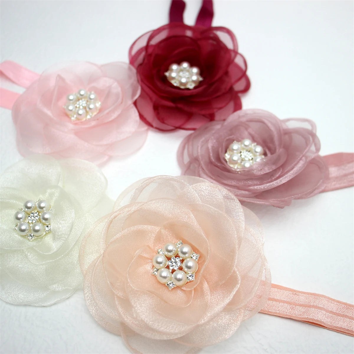 Boutique, diadema de flores de gasa de gran tamaño para niña, accesorios para el cabello, diadema de nailon con perlas de diamante para recién nacido, turbante para bebé bonito