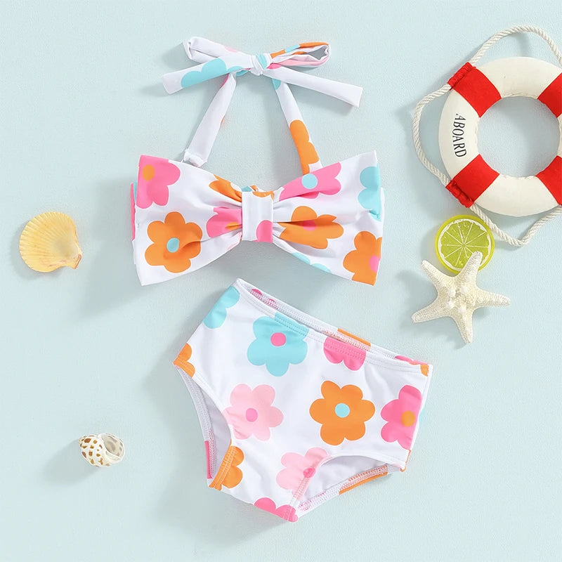 Conjunto de Bikini para niña pequeña, traje de baño de 2 piezas con cuello Halter, Bikini Floral sin mangas, Top anudado, pantalones cortos con estampado de flores a cuadros, 1-6T