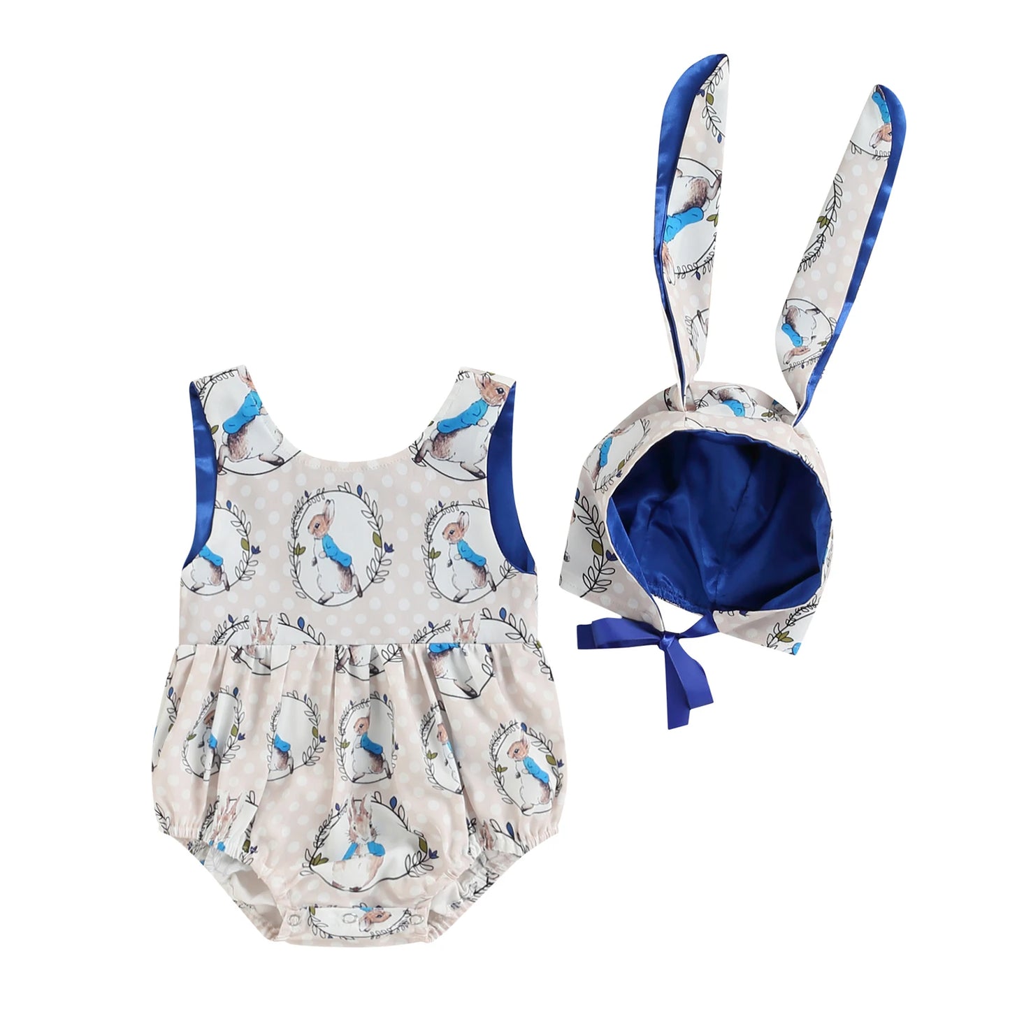 Traje de dos piezas para bebé y niña, pelele sin mangas con cuello redondo y espalda descubierta y gorro de corbata, estampado de conejo de Pascua