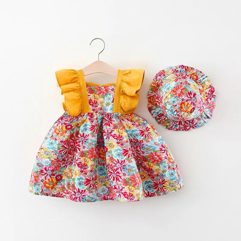 Vestido de princesa con mangas voladoras para niña, 2 piezas, dulce vestido fragmentado de flores, viene con sombrero, adecuado para mayores de 80 a 110 años