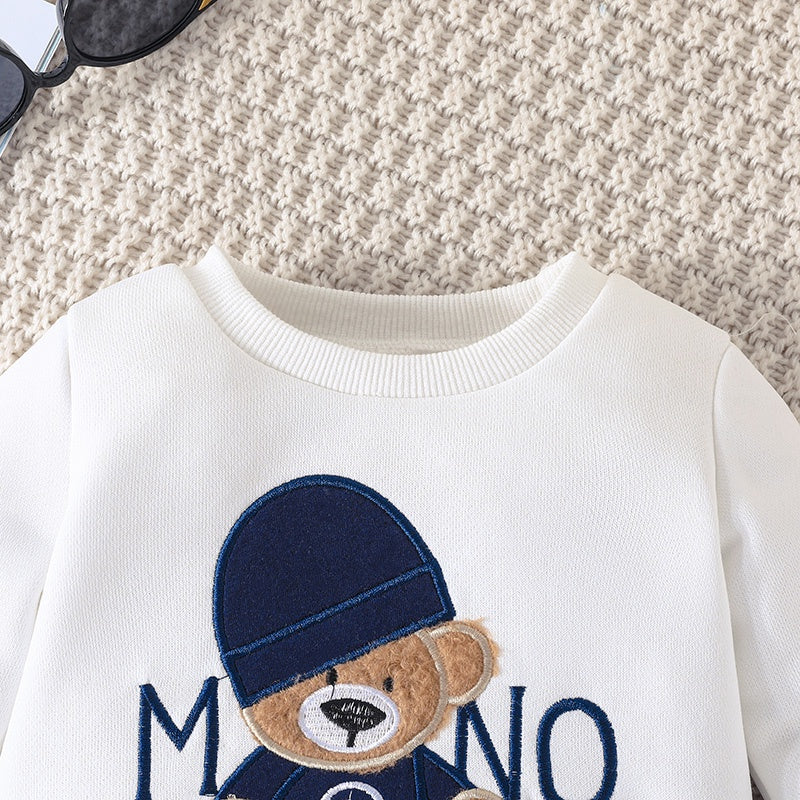 Terno para niño de 3 a 24 meses, camiseta de manga larga con estampado de oso de dibujos animados, pantalones azul marino, conjunto de ropa infantil