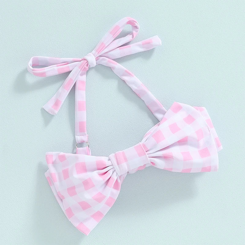 Conjunto de Bikini para niña pequeña, traje de baño de 2 piezas con cuello Halter, Bikini Floral sin mangas, Top anudado, pantalones cortos con estampado de flores a cuadros, 1-6T