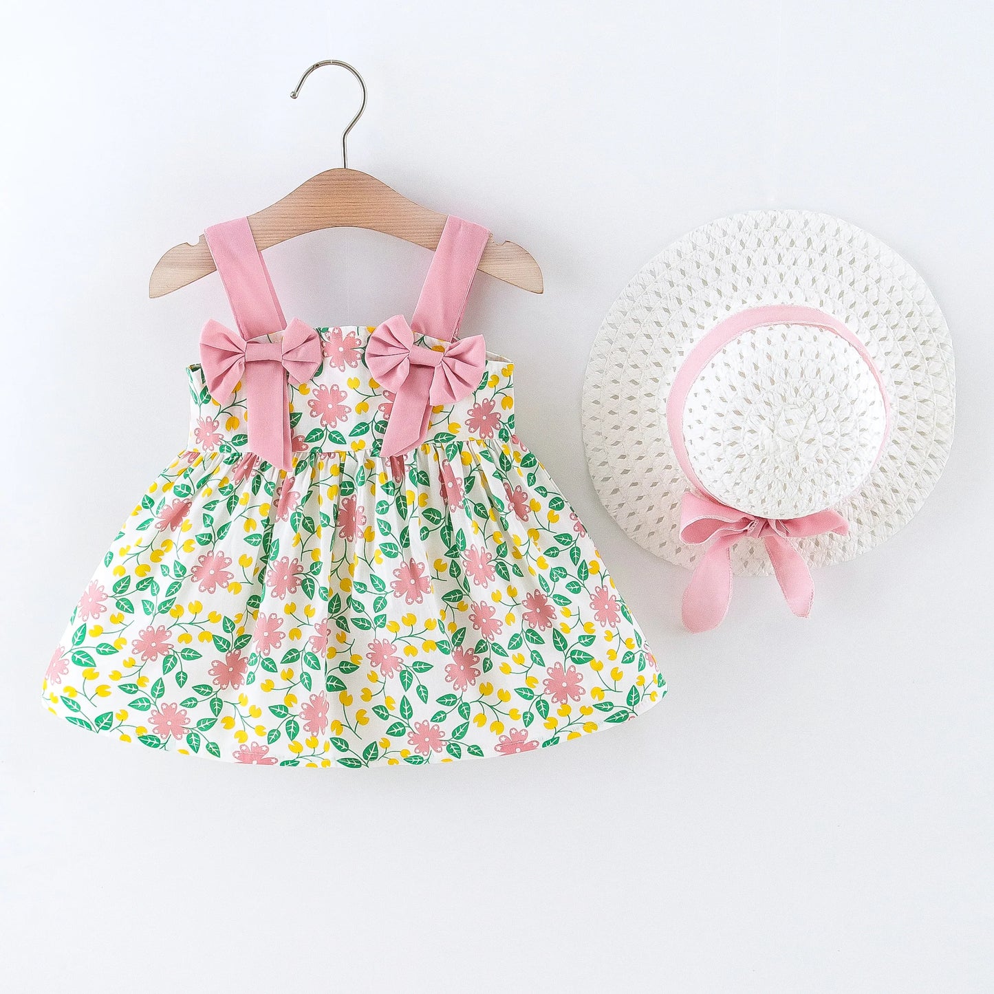 Vestido de verano para niña pequeña, versión coreana vestido Floral, elegante, algodón, pajarita, sombrero incluido