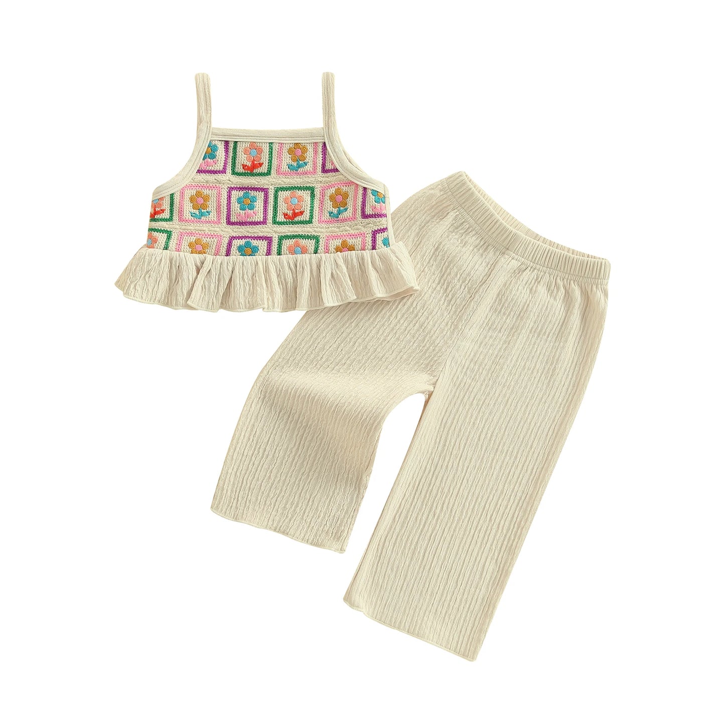 Pudcoco, conjunto de verano para niña pequeña con estampado de flores, tirantes finos con volantes, Tops sin mangas, pantalones de pierna ancha, conjunto de 2 uds 6M-4T