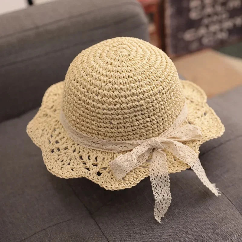 Sombrero de encaje a la moda para bebé, gorro de paja con lazo para niña, sombrero de playa para niño, sombrero de Panamá, sombreros y gorras de princesa para bebé, 1 unidad