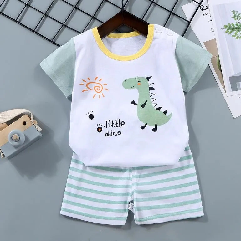 Camisetas de algodón + Pantalones cortos, conjunto de chándal de 2 piezas, traje de verano con estampado de dinosaurio y cebra de dibujos animados para niños y niñas, ropa para bebés de 1 a 6 años