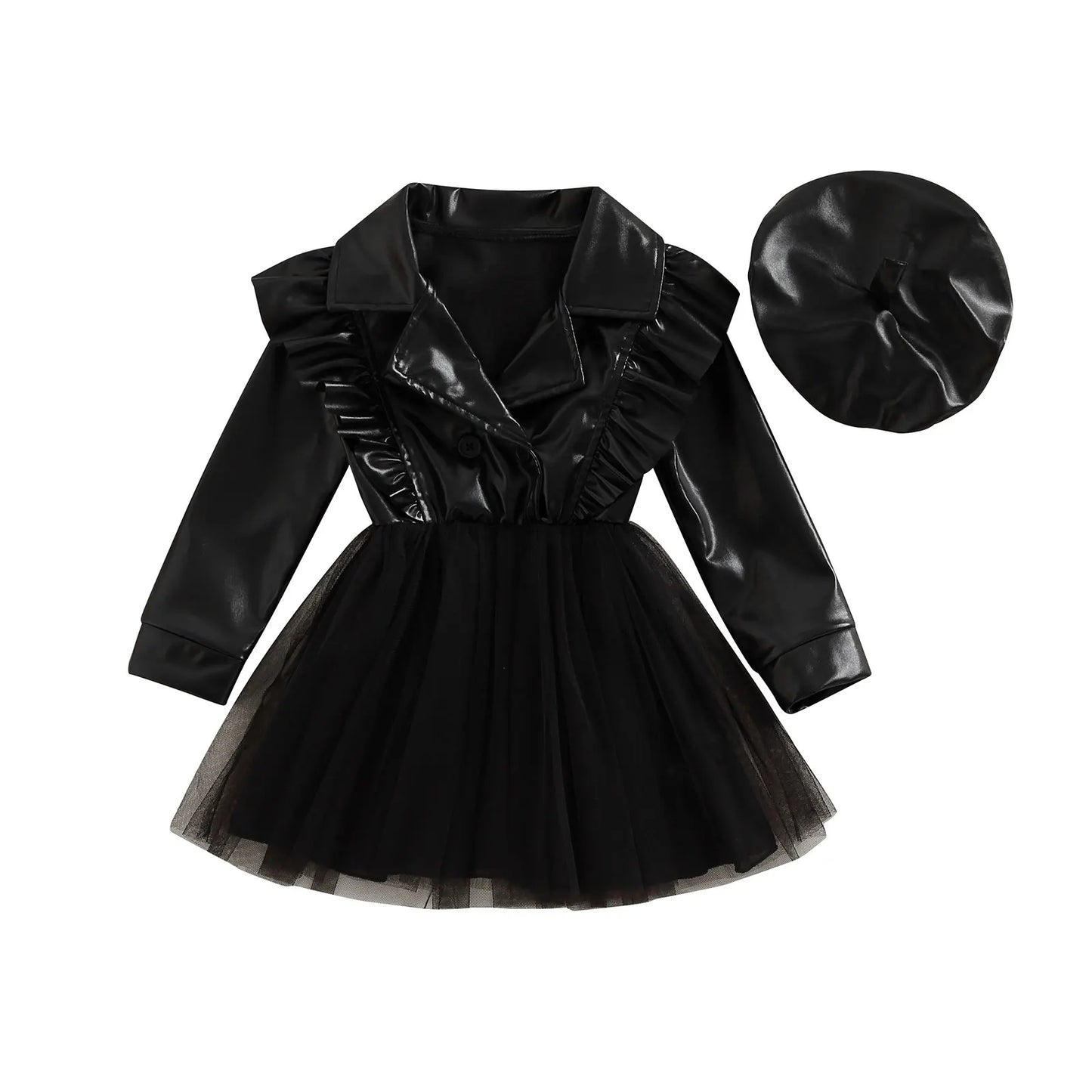 Vestido acampanado de manga larga con solapa de cuero PU para niñas pequeñas, vestido de retazos de tul con sombrero, 3-7T, primavera y otoño