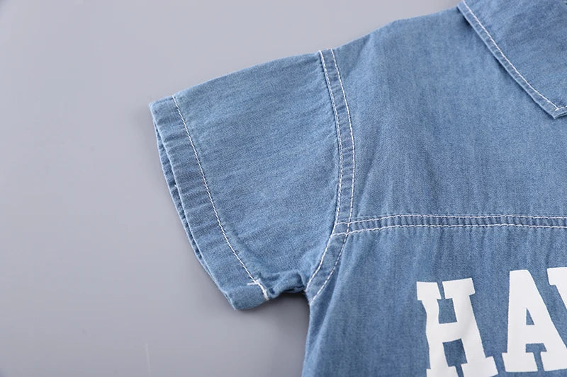 Nuevos conjuntos de ropa vaquera de verano para niños, camiseta Lerrer de dibujos animados a la moda para niños, pantalones cortos, 2 uds., trajes informales para bebés