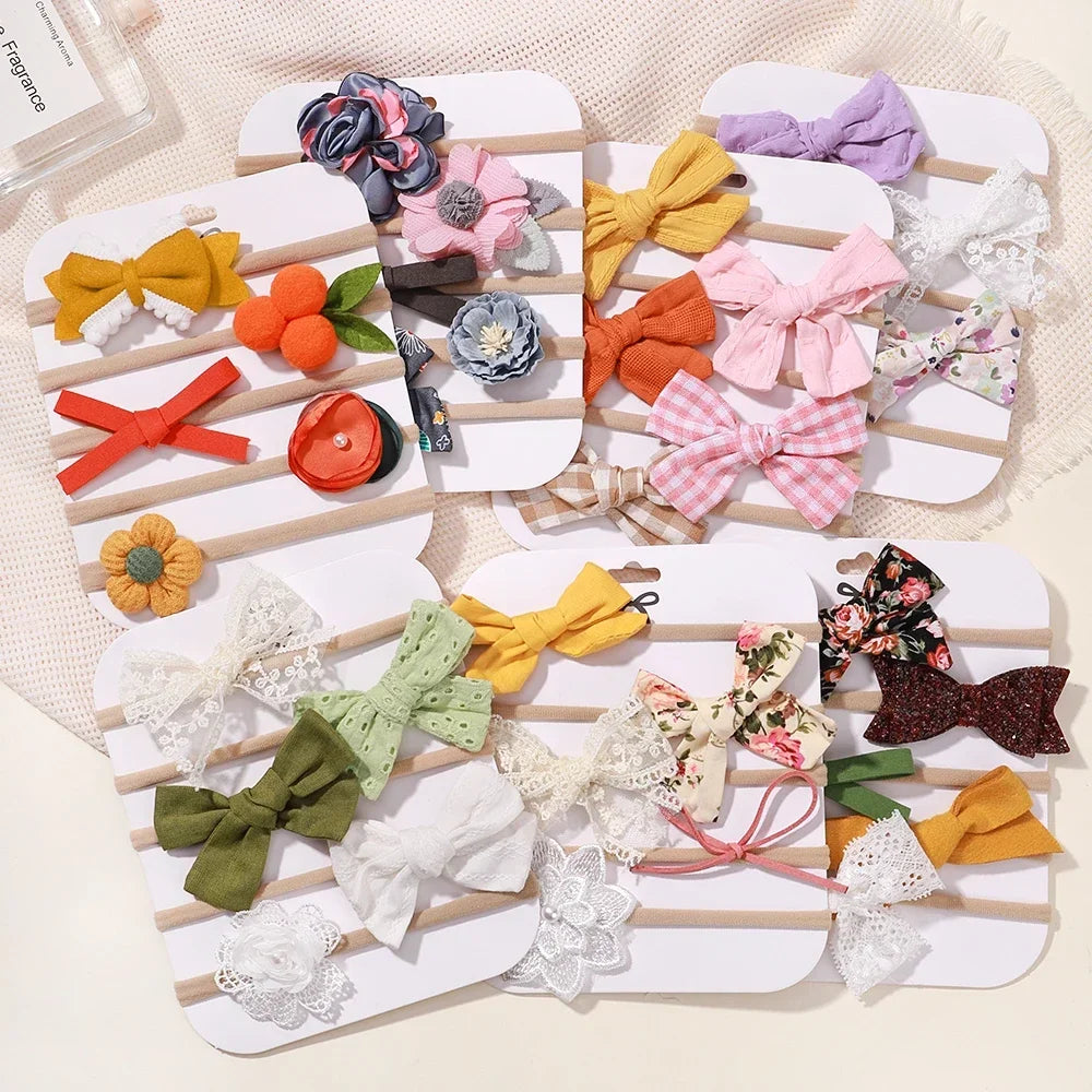5 unids/lote, diadema elástica de nailon para bebé, banda para la cabeza con lazo de encaje y flores para recién nacido, accesorios suaves para el cabello para niña pequeña