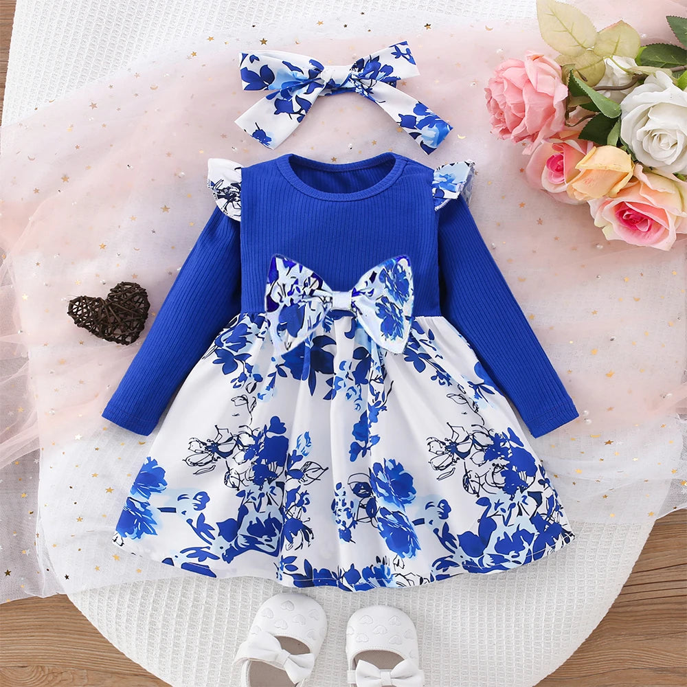 Novedad de verano, vestido para niña pequeña, manga voladora, lazo plisado, cinta, elementos de porcelana azul y blanca, fiesta de cumpleaños de estilo chino
