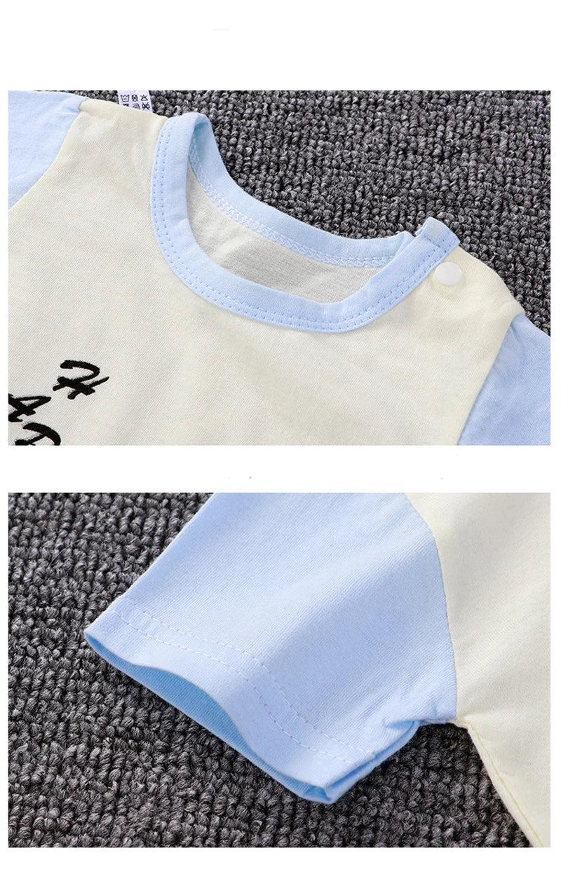 Nueva ropa de verano para bebés recién nacidos, niños y niñas, sección de impresión de dibujos animados de manga corta, ropa de escalada con archivo abierto, mono para bebé