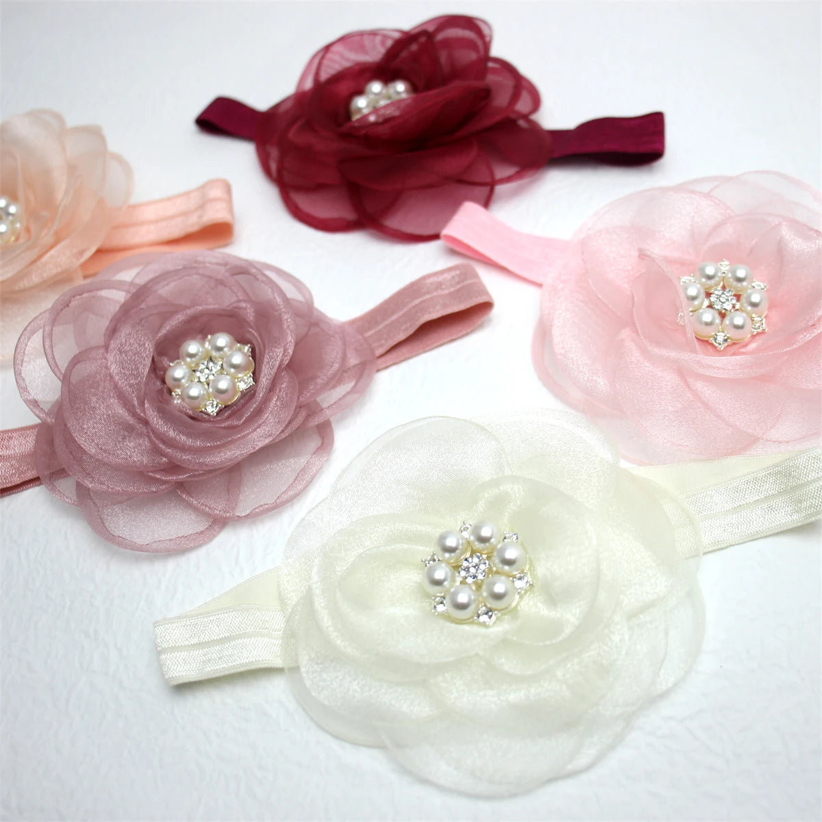 Boutique, diadema de flores de gasa de gran tamaño para niña, accesorios para el cabello, diadema de nailon con perlas de diamante para recién nacido, turbante para bebé bonito