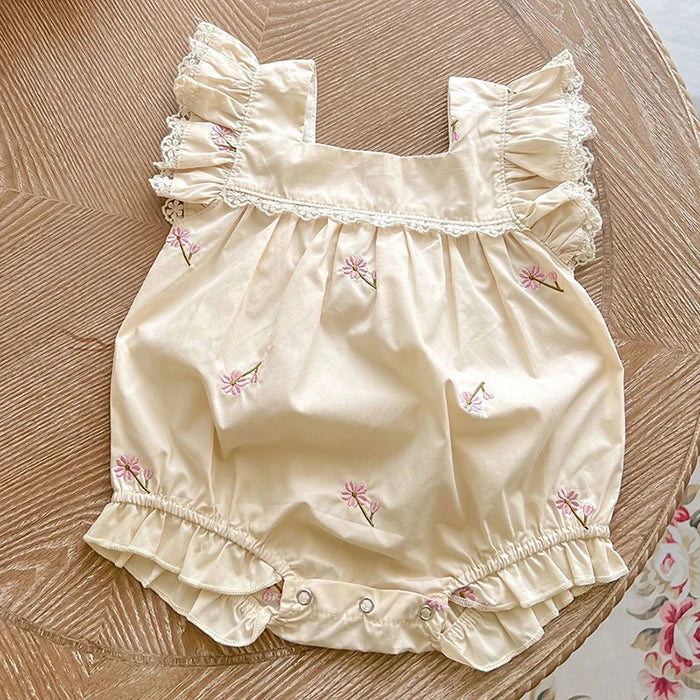 Mono para niñas recién nacidas, monos con bordado de flores de algodón y manga voladora, ropa para niñas pequeñas para verano