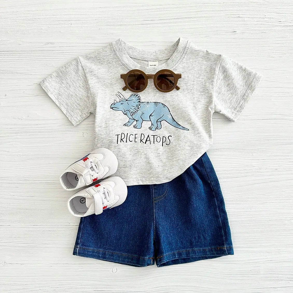 2024 Newborn Baby Boys Clothing Summer Set Cartoon Dinosaur Print Cotton Short Sleeved Denim Shorts Girl Clothes 0-3 Years