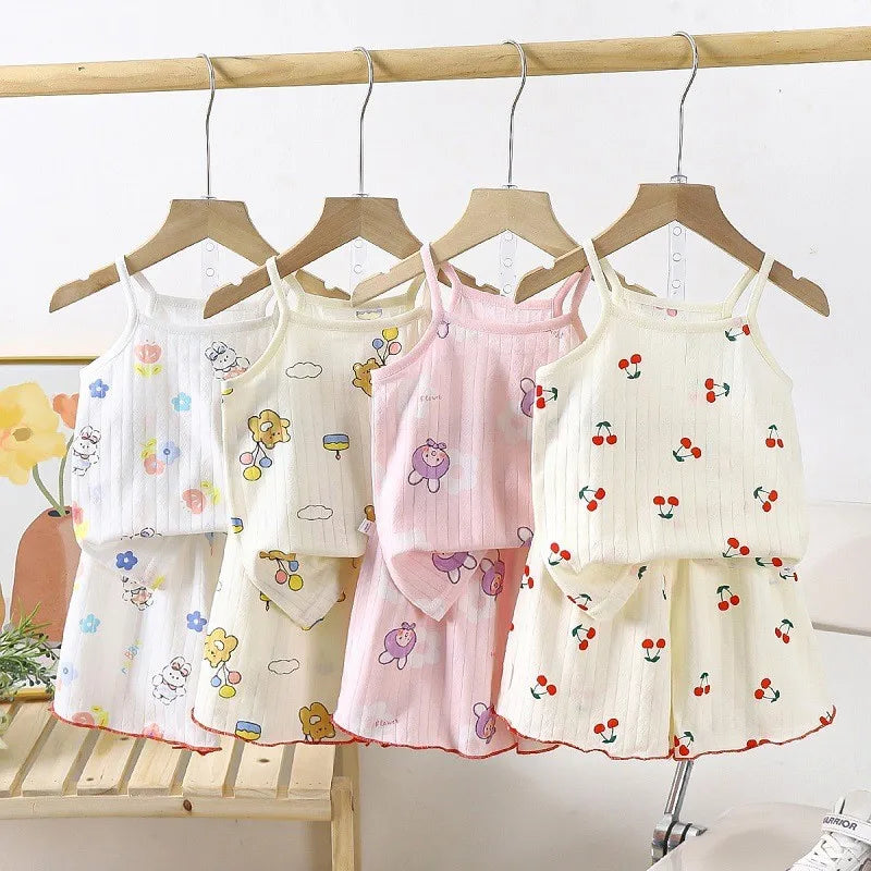 Camisola con tirantes y pantalones cortos para niña, conjunto de 2 piezas de algodón suave, pijama con estampado de dibujos animados, moda de verano, ropa informal para el hogar