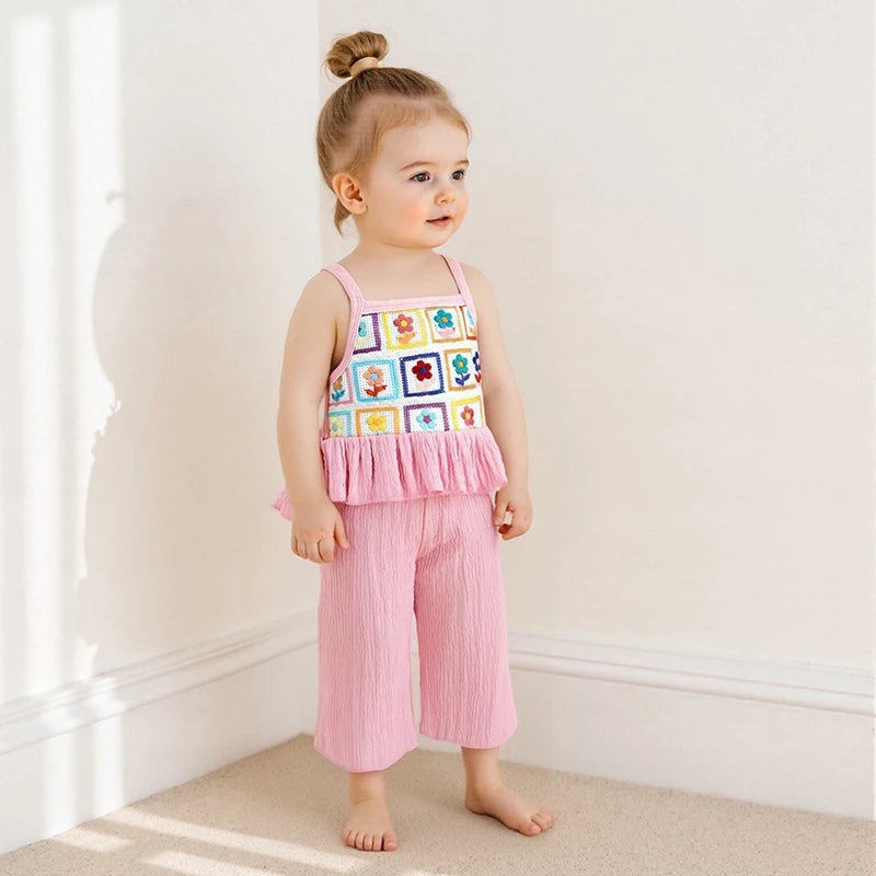 Pudcoco, conjunto de verano para niña pequeña con estampado de flores, tirantes finos con volantes, Tops sin mangas, pantalones de pierna ancha, conjunto de 2 uds 6M-4T