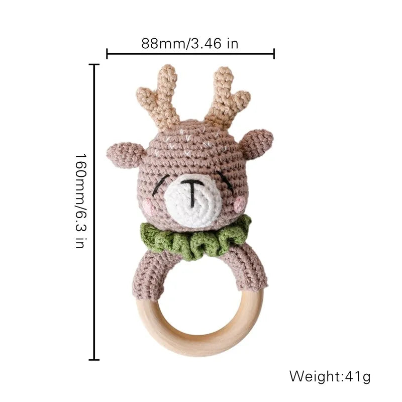 1 unidad de juguetes de sonajero para bebé, diseño de ganchillo de madera, conejo, conejo, zorro León, BearToy, regalo para recién nacido, mordedor de bebé, Crochet, nombre personalizado
