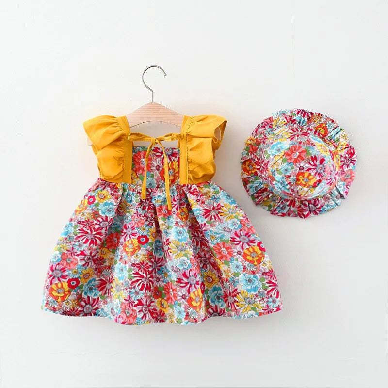 Vestido de princesa con mangas voladoras para niña, 2 piezas, dulce vestido fragmentado de flores, viene con sombrero, adecuado para mayores de 80 a 110 años