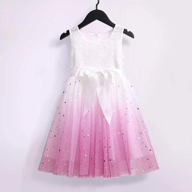 White Lace Summer Dress for Girls Short Sleeve Kids Birthday Princess Costume Tutu Wedding Flower Girls Dresses for 2-8 Yrs Girl